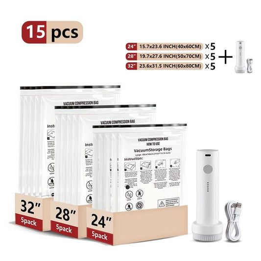 Travel Vacuum Storage Compression Bag Set – 15-Pack in 3 Sizes  – Waterproof & Reusable Space Saver for Clothes & Packing, Perfect for Carry-On Suitcases